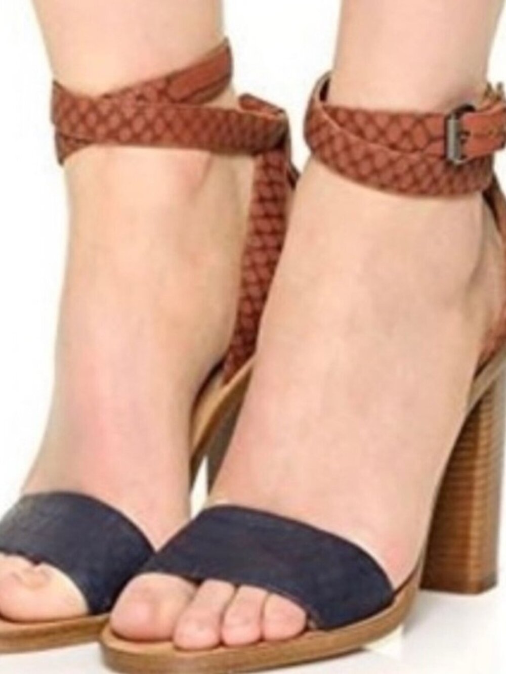 Vince Nava Leather Snake Embossed Ankle Wrap Heel sandals blue brown Sz 8 EUR 38